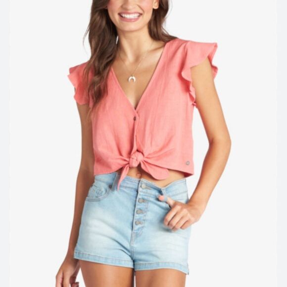ROXY Sweeter Than This Knotted Crop top, coral pink/orange, linen blend xs - Picture 3 of 10